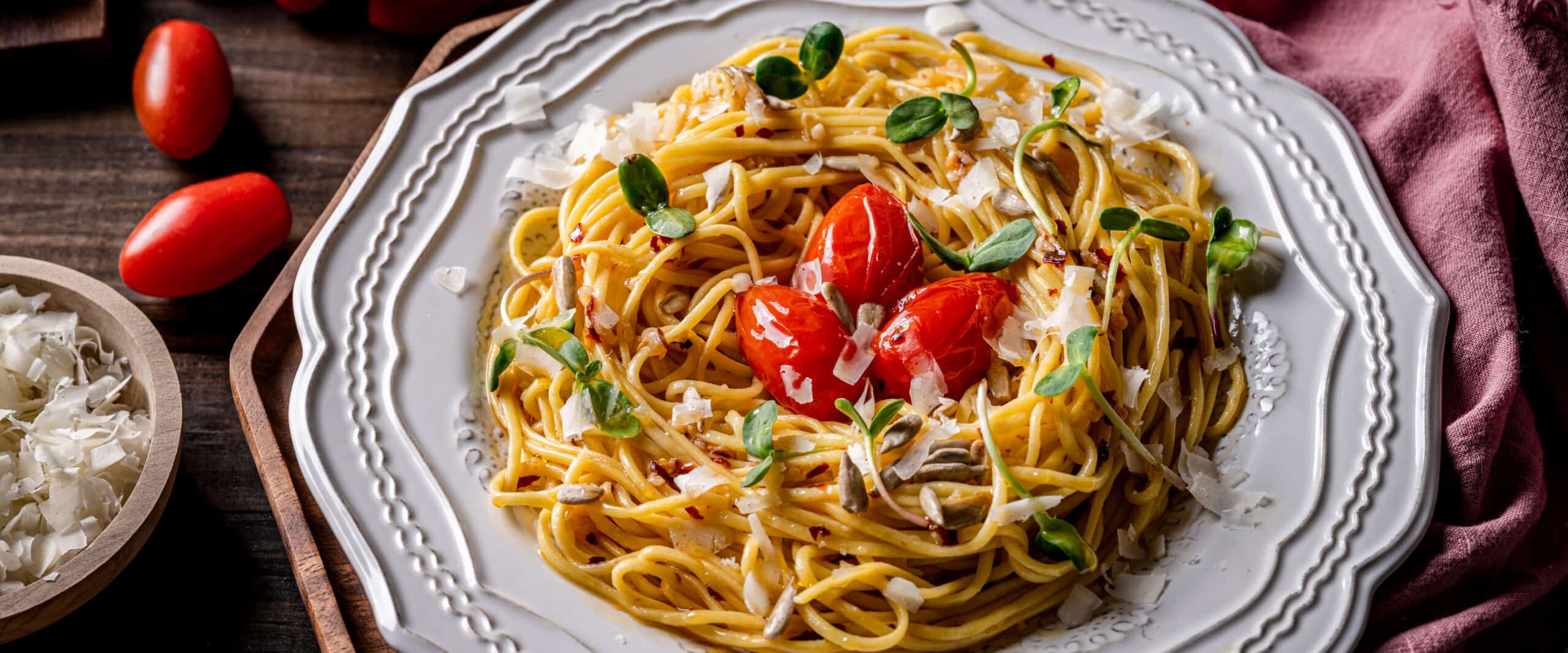 Spring Spaghetti Aglio Olio e Peperoncino with Blistered Tomatoes