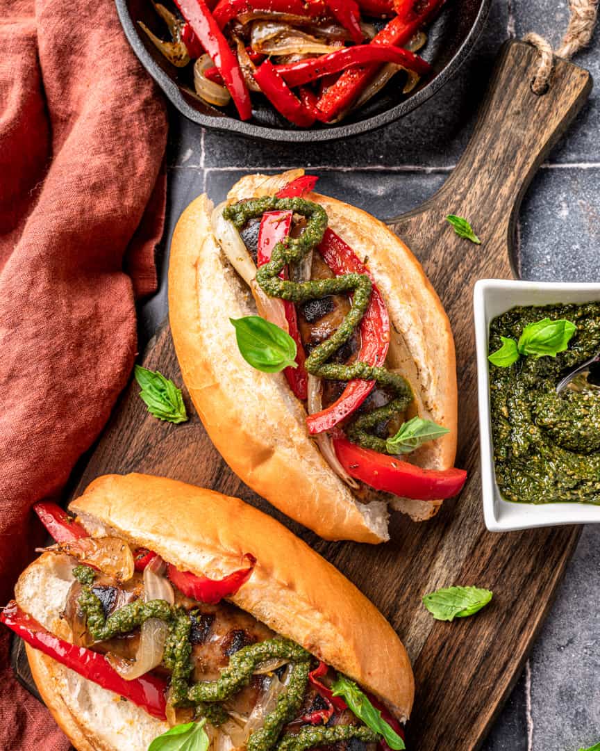 Italian Sausage Pepper and Pesto Subs