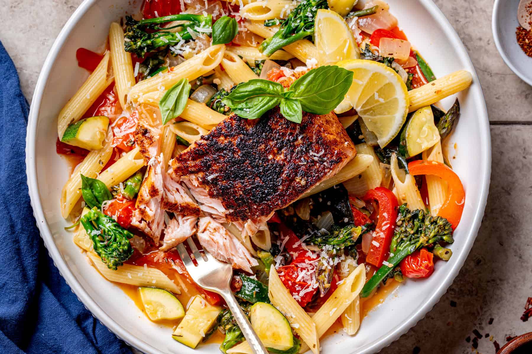 Blackened Salmon Penne Primavera
