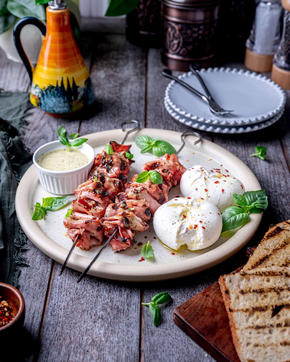 Grilled Mortadella Skewers with Burrata & Italian Herb Sauce