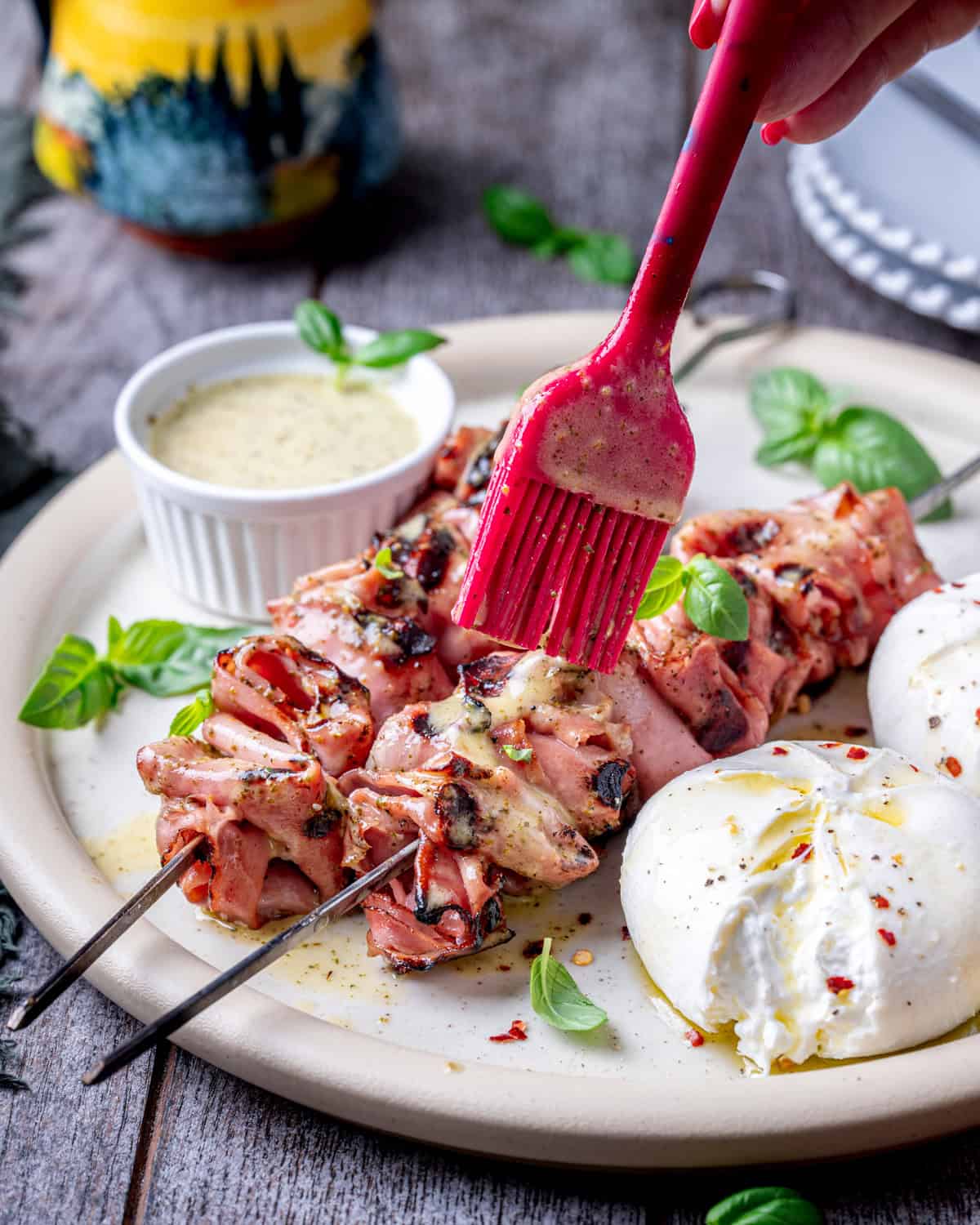 Grilled Mortadella Skewers with Burrata & Italian Herb Sauce