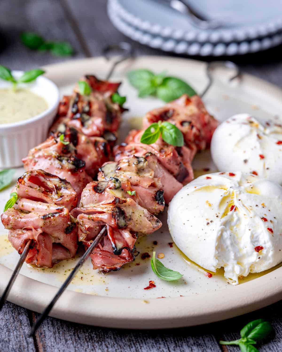 Grilled Mortadella Skewers with Burrata & Italian Herb Sauce