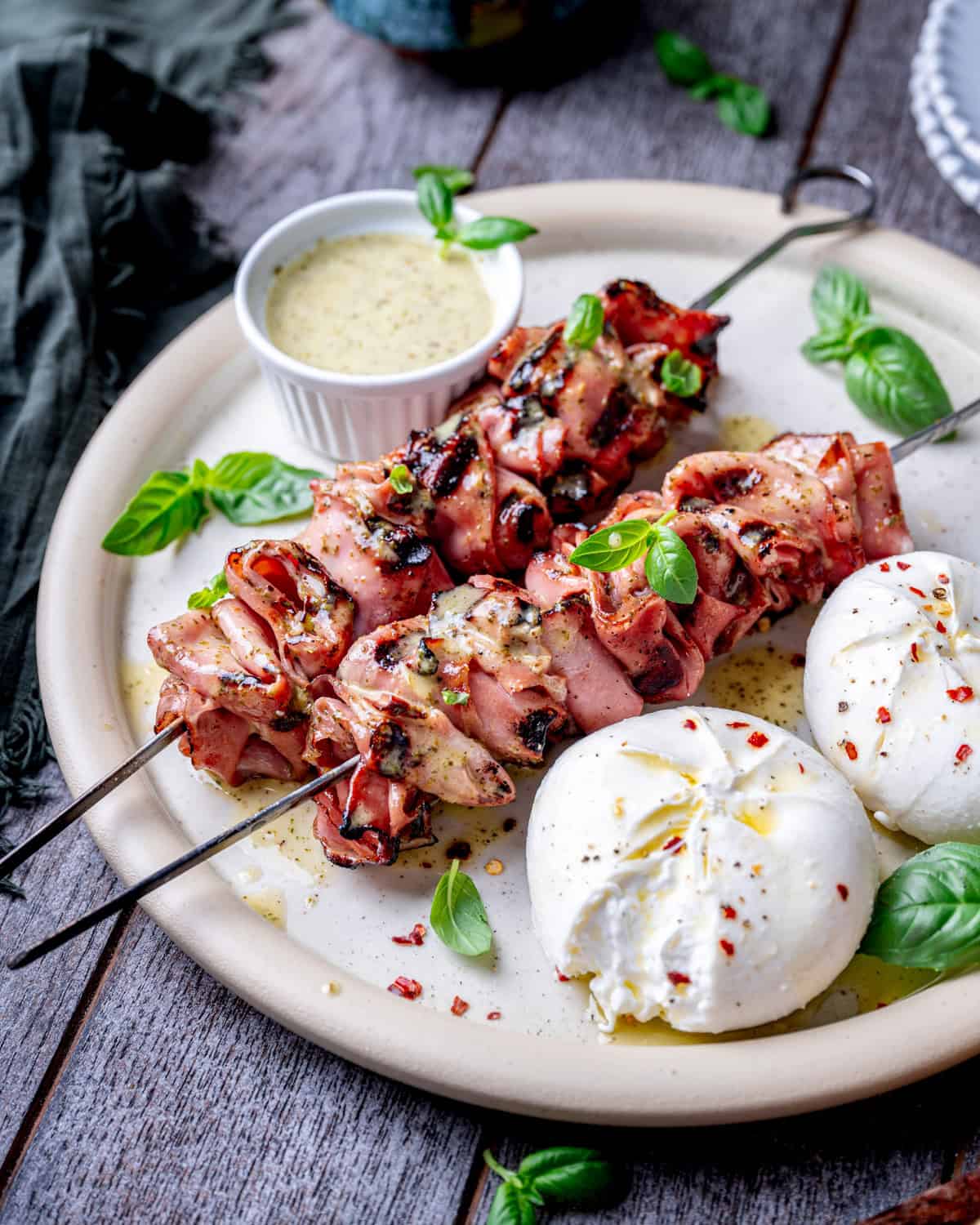 Grilled Mortadella Skewers with Burrata & Italian Herb Sauce