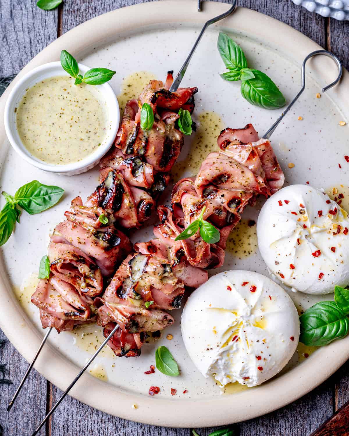 Grilled Mortadella Skewers with Burrata & Italian Herb Sauce