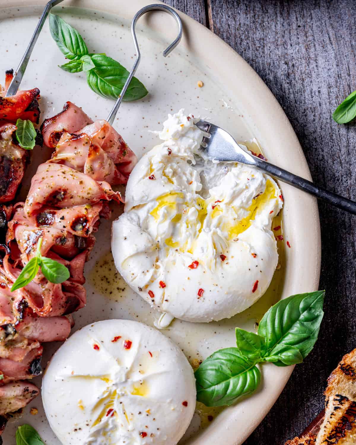 Grilled Mortadella Skewers with Burrata & Italian Herb Sauce