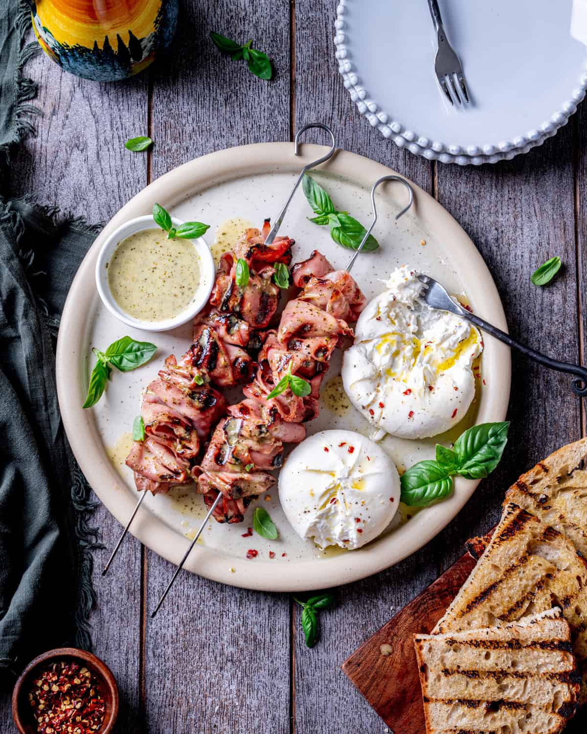 Grilled Mortadella Skewers with Burrata & Italian Herb Sauce