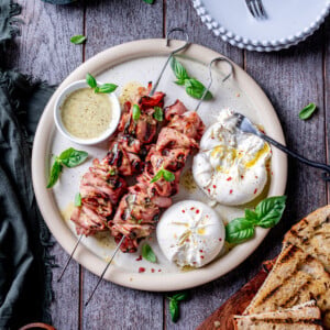 Grilled Mortadella Skewers with Burrata & Italian Herb Sauce