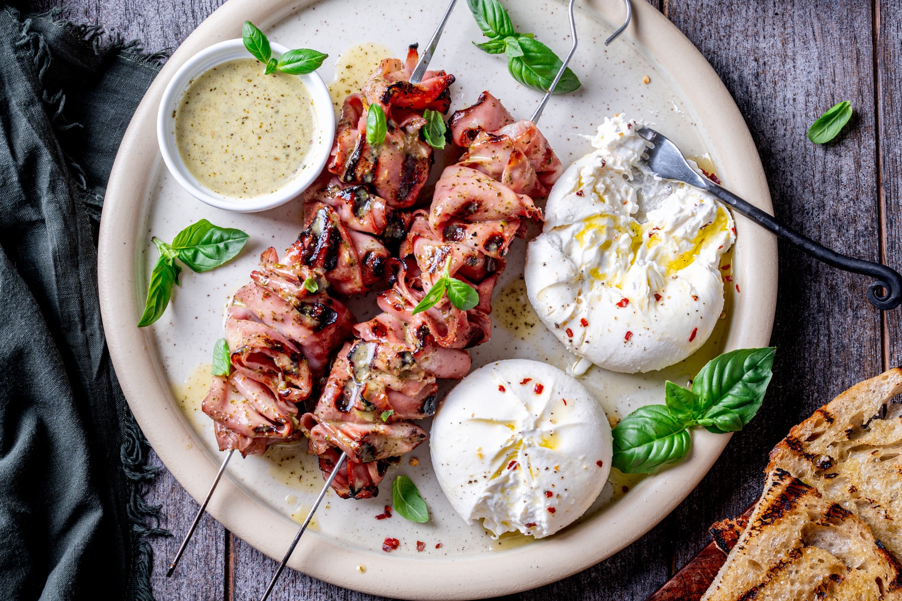 Grilled Mortadella Skewers with Burrata & Italian Herb Sauce