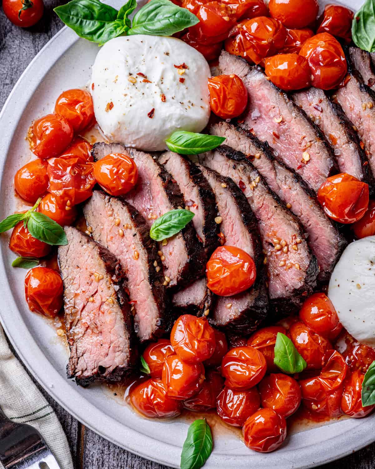 Grilled Flank Steak with Wine Roasted Tomatoes and Burrata