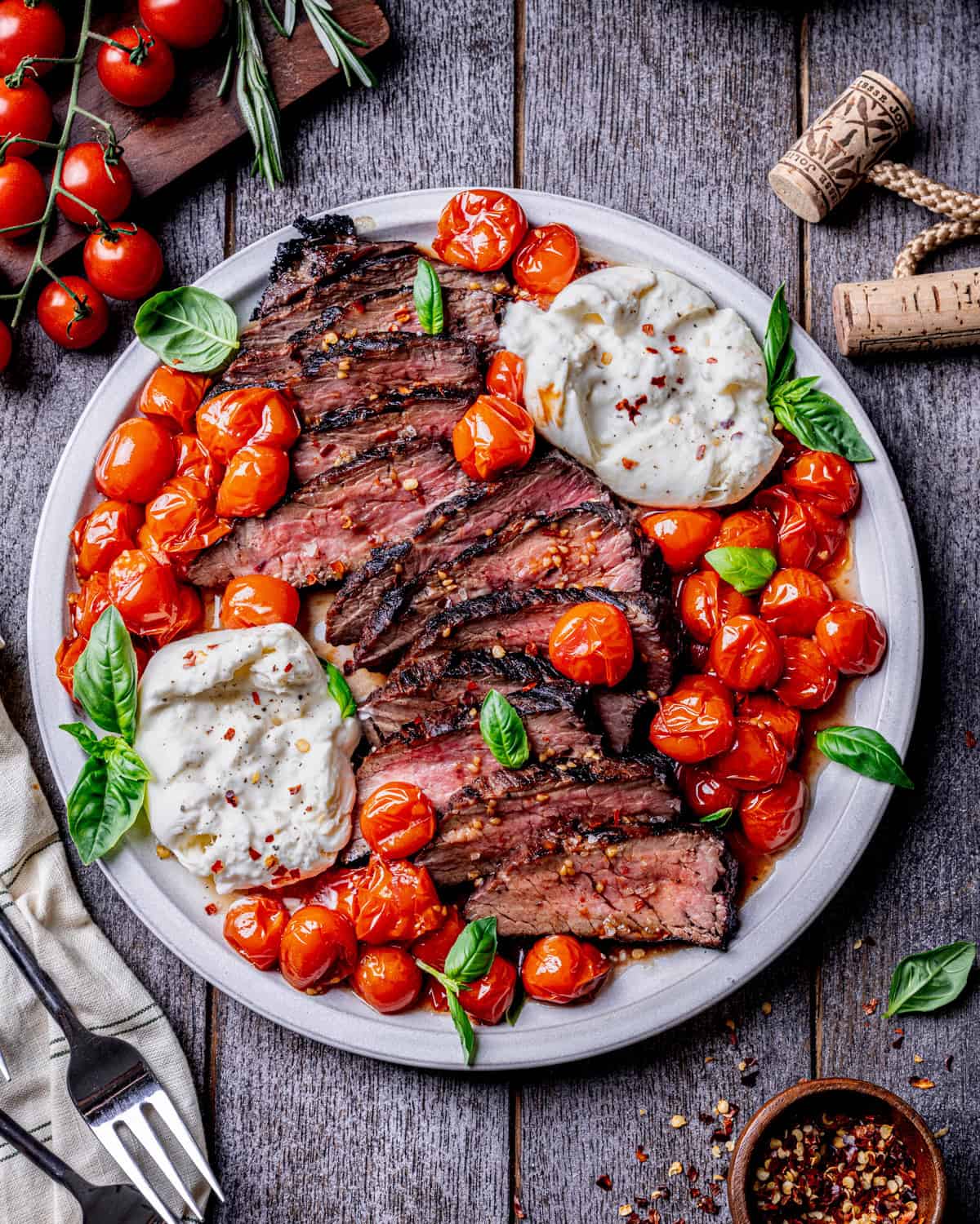 Grilled Flank Steak with Wine Roasted Tomatoes and Burrata