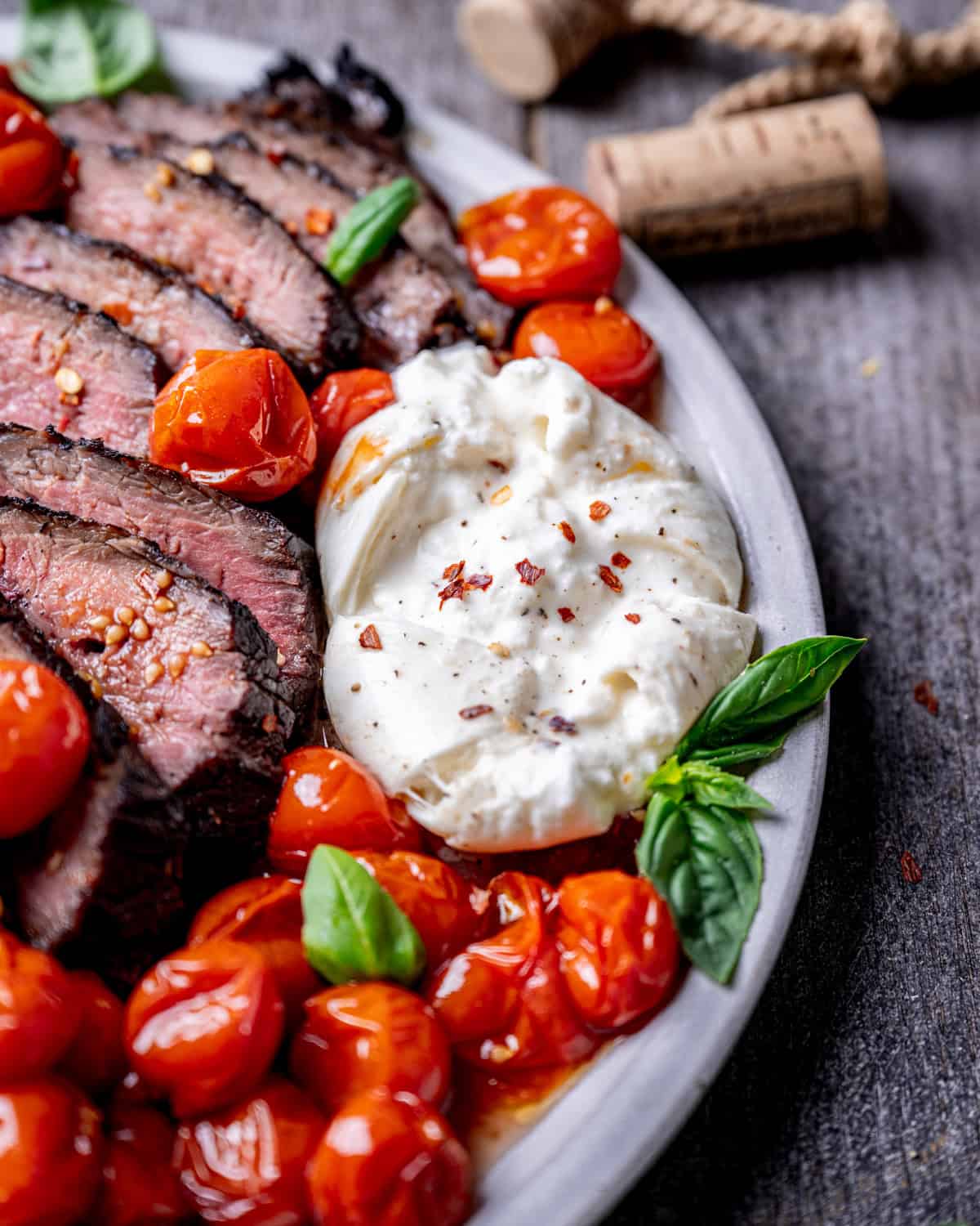 Grilled Flank Steak with Wine Roasted Tomatoes and Burrata