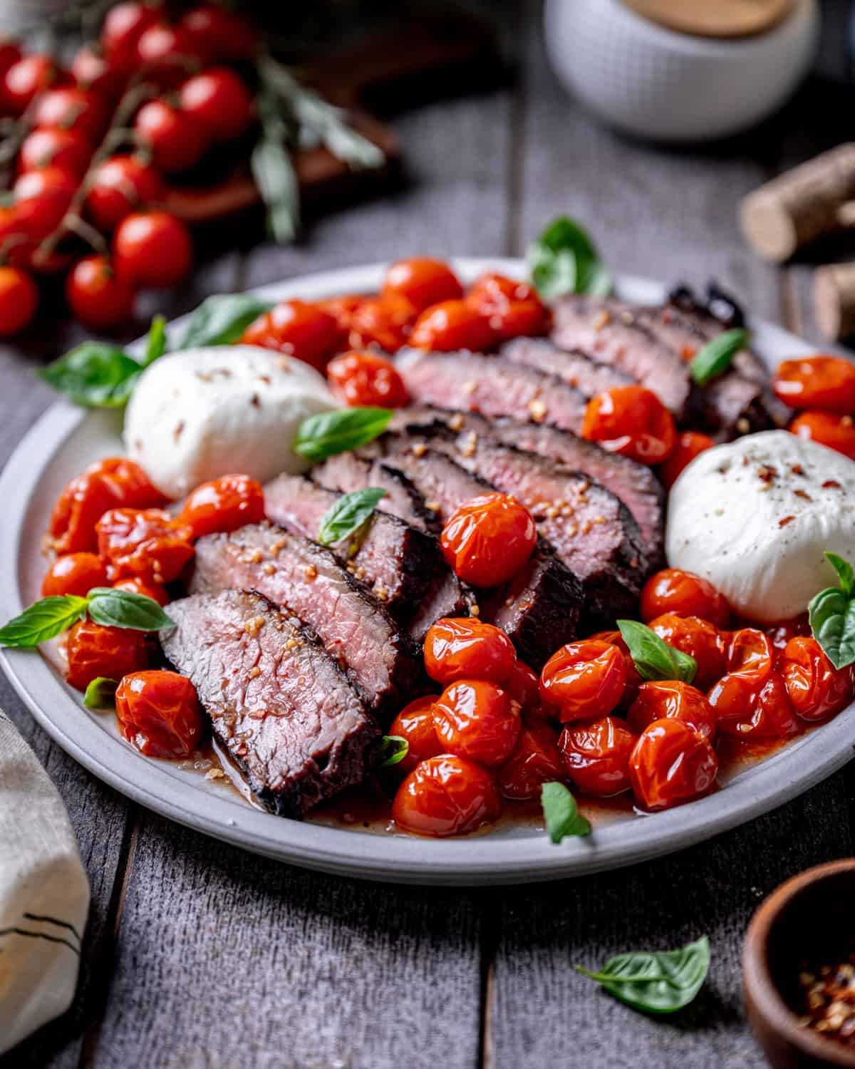 Grilled Flank Steak with Wine Roasted Tomatoes and Burrata