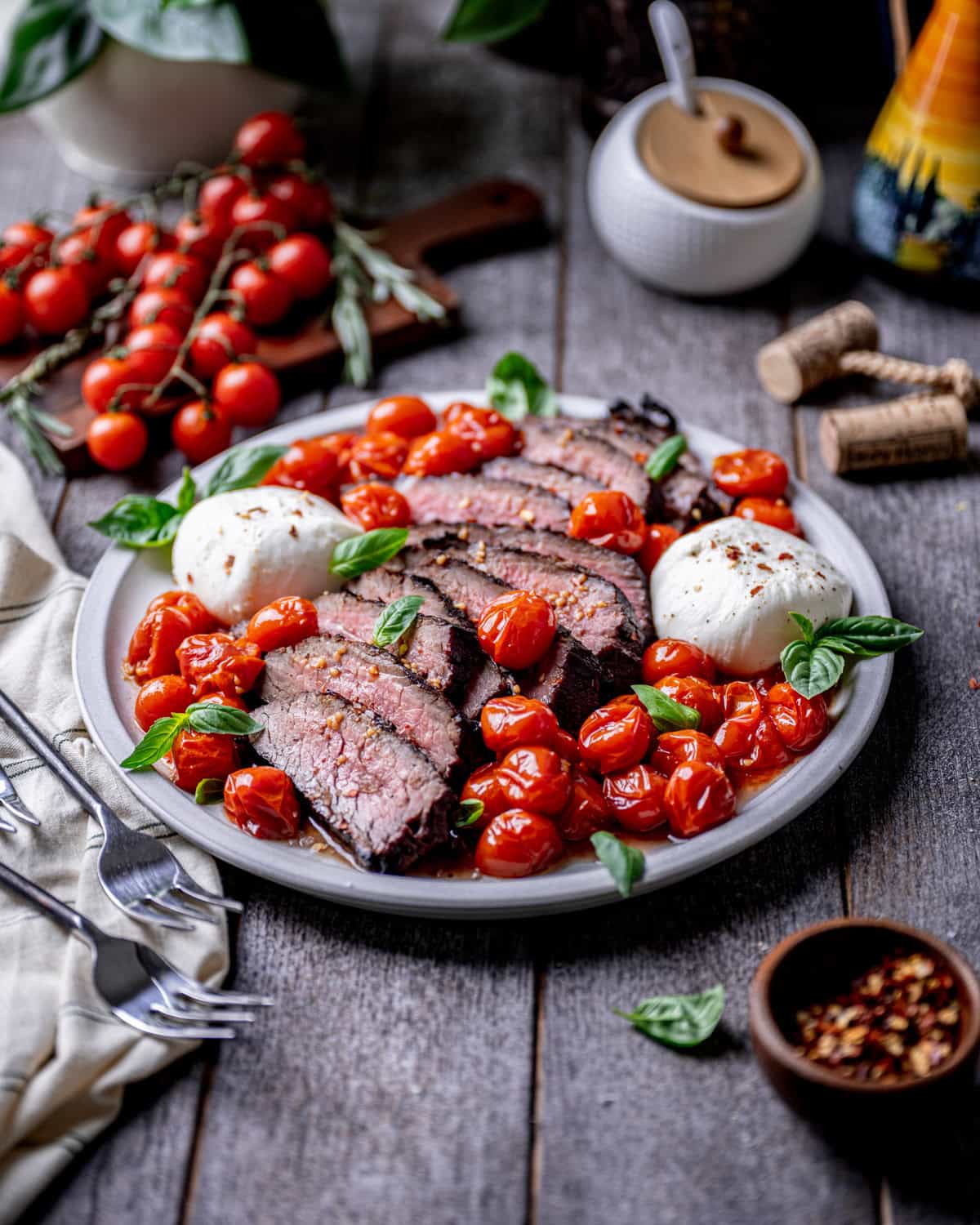 Grilled Flank Steak with Wine Roasted Tomatoes and Burrata