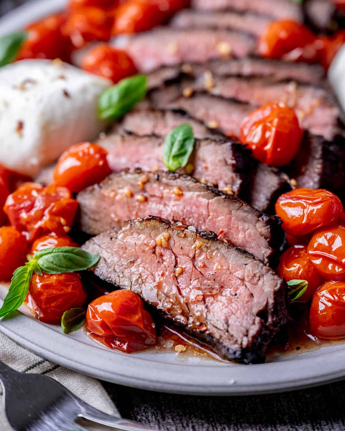 Grilled Flank Steak with Wine Roasted Tomatoes and Burrata