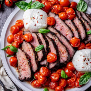 Grilled Flank Steak with Wine Roasted Tomatoes and Burrata