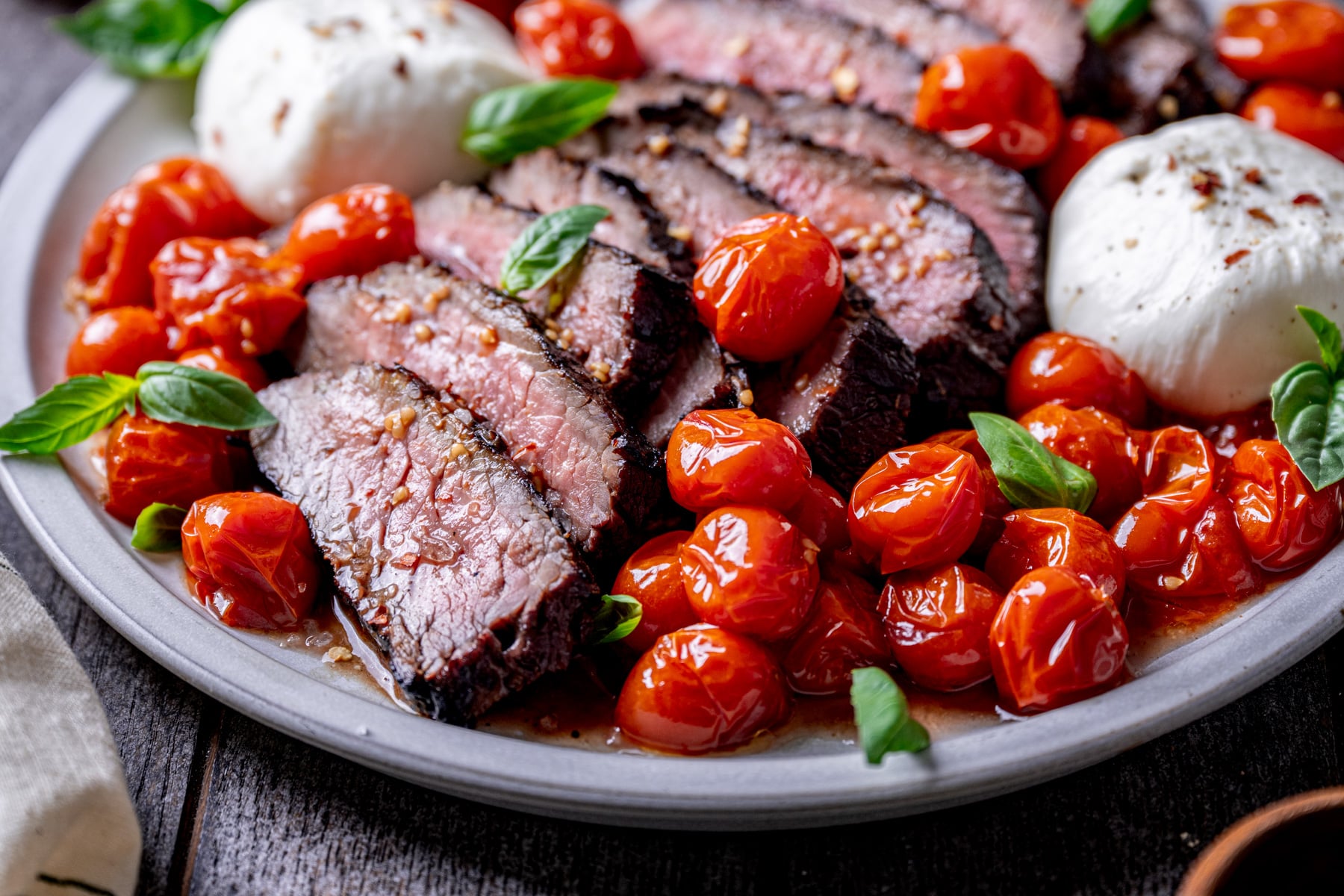 Grilled Flank Steak with Wine Roasted Tomatoes and Burrata